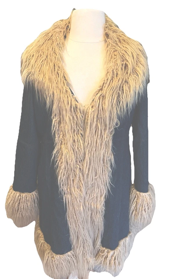 Alpaca Penny Lane Daisy Jones XXL Denim Shearling Boho Trench Coah with Pockets - Image 1 of 4