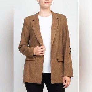 BCBG Generation Linen blend open front long sleeve relaxed blazer brown Sz L - Picture 1 of 8