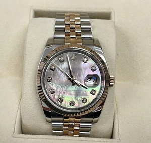 ROLEX DATEJUST TWO TONE ROSE GOLD 116231 TAHITIAN MOP DIAMOND DIAL FULL SET 36MM - Picture 1 of 10