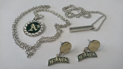 OAKLAND ATHLETICS MLB EARRINGS & CHARM NECKLACE & BAR NECKLACE "NEW & SEALED" Cover
