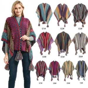 Ethnic Style Shawl Hanging Cloak Tourism Shawl Autumn and Winter Color Knitted - Picture 1 of 27