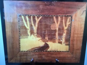 Antique European Art Marquetry of a Full Moon in the Forest Home Scene c.1920s - Picture 1 of 7