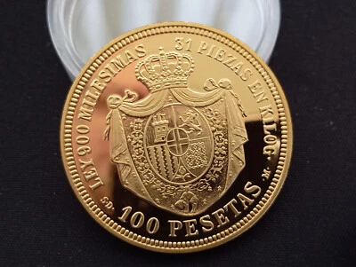 Silver 925 Big coin 1.3 Oz 24K gold plated 44gr 45mm Amadeo I 1871 - 1873 Spain - Image 1 of 3