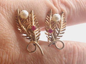 Unusual 12ct Gold Filled, Pearl & Ruby Drop Earrings with Screw Back Fasteners - Picture 1 of 8