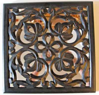 Decorative Black Wood Mirror Boho Style World Decor Square 12 Inch Market Wall - Image 1 of 4