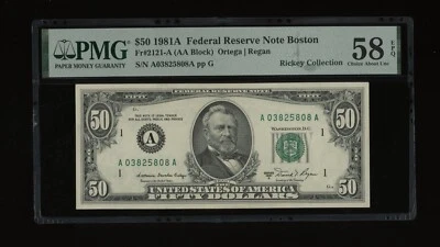 DBR 1981-A $50 FRN Boston Fr. 2021-A PMG 58 EPQ Serial A03825808A - Image 1 of 2