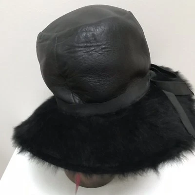 SCHIAPARELLI PARIS VINTAGE FUR HAT faux leather Wide Brim Size 7 - Image 1 of 4