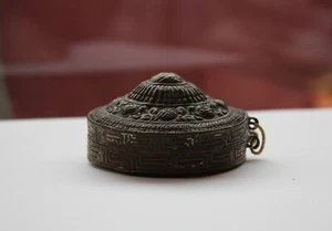 2.5" Round Antique Chinese or Tibetan Bronze Repousse Box with Domed Lid / Gold - Picture 1 of 5