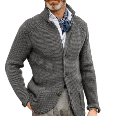  Men's Single Breasted Knit Cardigan Stand Collar Slim Fit Sweater Casual Jacket - Image 1 of 4