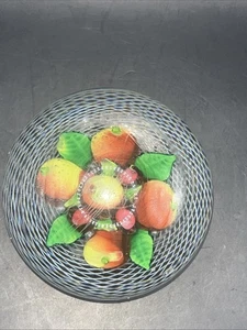 New England Glass Fruit And Leaves Latticinio Basket Clear Paperweight - Picture 1 of 9