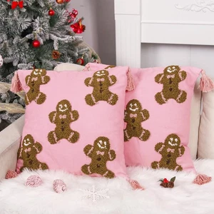 2Pcs 3D Pink Christmas Pillow Covers Gingerbread Man Throw Pillow Case 18 x 1... - Foto 1 di 7