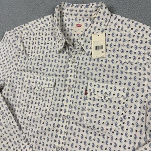 Levi’s Pearl Snap Shirt Mens L Cream Blue Paisley Western All Over Print - Picture 1 of 13