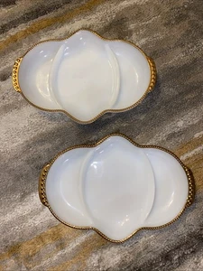 Gold & White Milk Glass Relish Trays 2 Fire King Made In USA - Picture 1 of 2