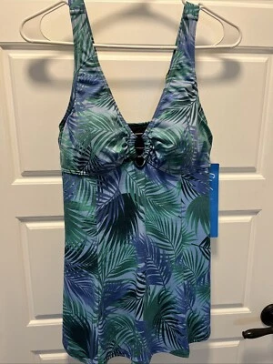 Vestido de baño de una pieza Fit 4 U correas ajustables estampado tropical azul verde Foto 1 de 4