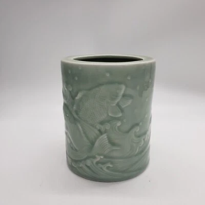 Китайский Селадон глазурь Koi рыбы щетка горшок ~ каллиграфия ~ 5,75" T - Изображение 1 из 4