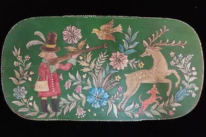 Caja de costura vintage pintada a mano TOLE ciervos escena caza madera RECUERDO con tapa - Imagen 1 de 9