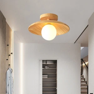 Nordic Wooden Ceiling Light Saucer Shade Semi Flush Mounted Bedroom Porch Lamp - Picture 1 of 14