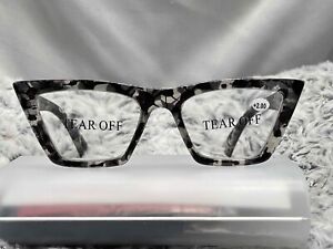 Tear Off Women Grey Tortoise Rectangular Designer Optic Glasses Size +2.00
