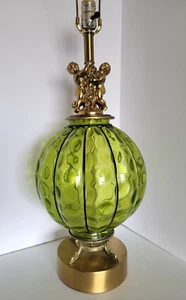Vintage Mid-Century Hollywood grüne optische Glaskugel Messing Cherub & Delphin Lampe - Bild 1 von 10