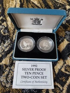 United Kingdom 1992 Silver Proof Ten Pence 2-Coin Set - Case & COA Tariff Incl - Picture 1 of 7