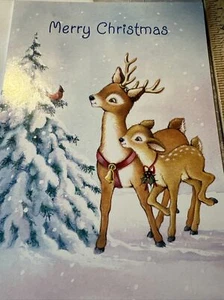 Vtg Unused Christmas Card Cute Fawn Deer Buck Bell Cardinal Tree W/Env - Picture 1 of 5