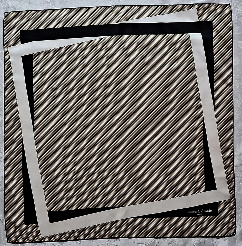 BUFANDA VINTAGE AUTÉNTICA PIERRE BALMAIN PARÍS LOGO RAYAS ARTE SEDA 31" CUADRADA Foto 1 de 4