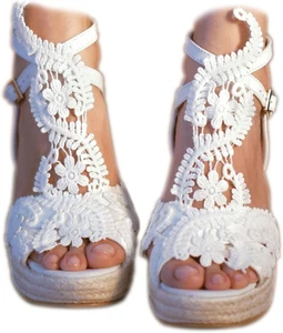 Women'S Platform Sandals Wedge Open Toe Ankle Strap Lace Wedding Shoes Bridesmai - Picture 1 of 5
