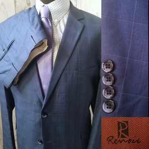 Renoir Mens 2 Piece Suit Blue Plaid 48R-50R 42x30 Flat Front Pants Modern Recent - Picture 1 of 22