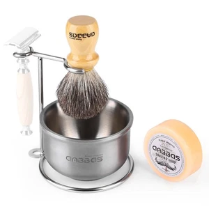 Badger Hair Shaving Brush with Wood Handle,Stainless Steel Razor and Brush St... - Foto 1 di 9