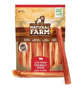 Thin Bully Sticks (6 Inch, 25 Pack), Natural Dog Dental Treats, Grain-Free, P... - Picture 1 of 9