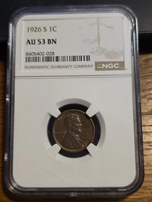 NGC AU-53 BN 1926-S Lincoln Wheat One Cent Penny 1C NICE - Image 1 of 4