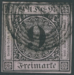 BADEN 1851, 9 Kr. nero su rosa antico, ampio, splendore, marchiato Grosso, Mi - Foto 1 di 1