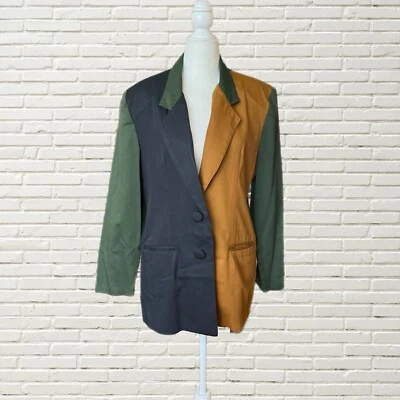 Vintage 80s 90s Color Blocked Blazer Jacket Neutral Tones Black Green Brown S/m - Изображение 1 из 4