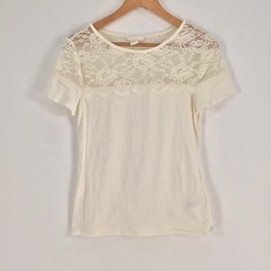 H&M womens top size M white lace panel short sleeve round neck 024249 - Picture 1 of 9