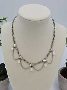 Delicate Silver Rhinestone Fresh Water Pearl Choker Up To 14" - Picture 1 of 6