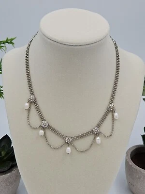 Gargantilla delicada plata estrás perlas agua dulce hasta 14" Foto 1 de 4
