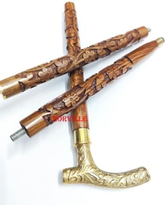 Antiguo bastón de madera tallado a mano bastón mango de latón macizo regalos vintage Foto 1 de 4