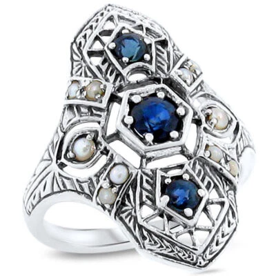 ART DECO STYLE GENUINE SAPPHIRE & PEARL 925 STERLING SILVER FILIGREE RING   220X - Image 1 of 4
