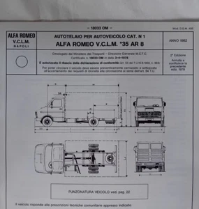 ALFA ROMEO 35 AR8 AUTOCARRO VCLM FURGONE SCHEDA omologazione originale 1982 ASI  - Imagen 1 de 8