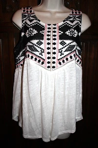Lucky Brand bestickt Tanktop M ärmellos schwarz weiß aztekisch Stammesleinen - Bild 1 von 6
