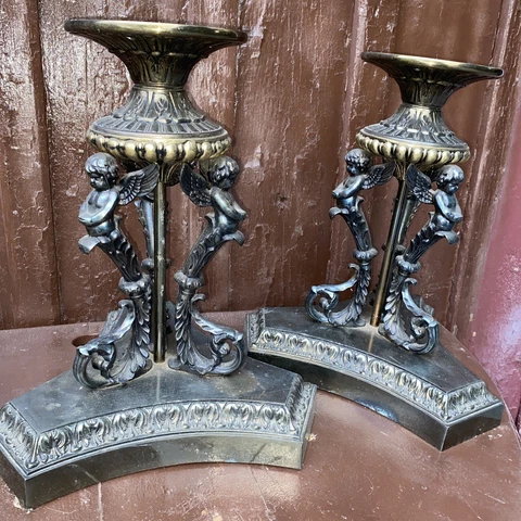 Vtg Hollywood Regency French Coffee Table Legs  Cherub Brass Silver Metal XL Cover
