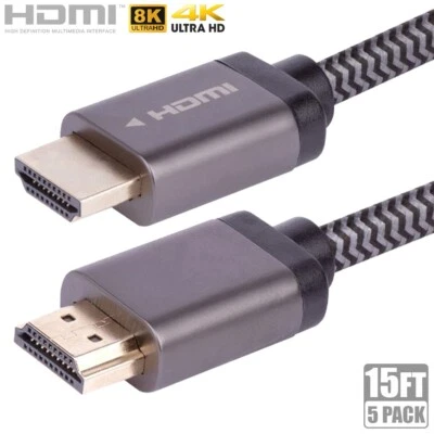 5 Pcs 15FT Ultra High Speed HDMI 2.1 48Gbps 8K 60Hz 4K 120Hz Cable Braided Cord - Image 1 of 4