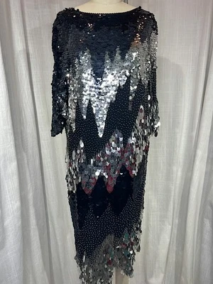 Vintage 80s Black and Silver Beaded Fringe Cocktail Dress - Image 1 of 4