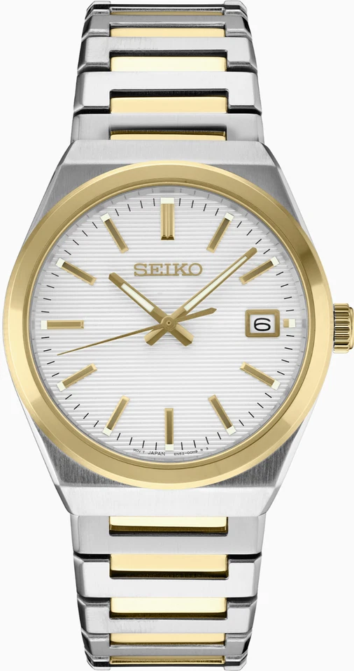 Seiko SUR558 Two-Tone Stainless Steel White Dial Sapphire Quartz 100M Date Watch - Image 1 of 1