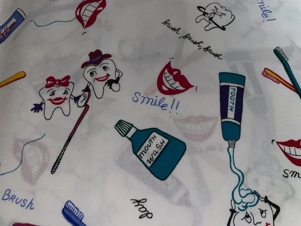 1 Yard X 62" DENTAL Themed Cotton Fabric Teeth Toothbrushes Floss Smile BTY - Image 1 of 4