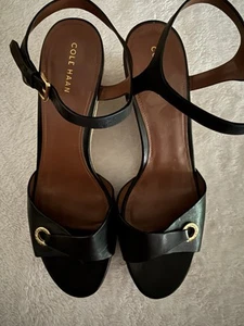 Cole Haan Espadrille Wedge Sandals Women's 9.5 B Black Leather - Picture 1 of 3