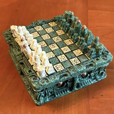 Vintage Mini Chess Set - Mayan Aztec Stone/Resin Green Tile Carved - Image 1 of 4