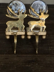 Vintage Brass Reindeer Stocking Holders Candle Set of 2 Heavy Stone Base - Picture 1 of 21