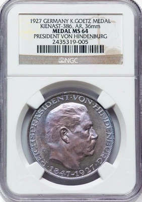 Germany - 1927 Paul von Hindenburg Silver Medal - NGC MS64 - SPECTACULAR TONE! - Image 1 of 2