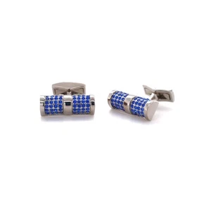 Bar Cufflinks With Blue Crystal In Rhodium Plate - 1 Pair - Picture 1 of 6